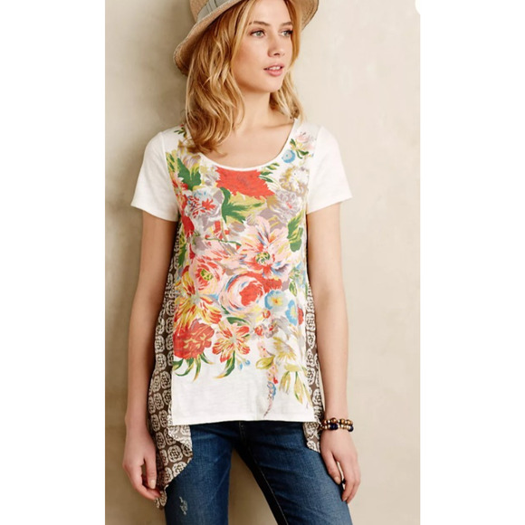 Anthropologie Elysia Boho Floral Cottagecore Scarf Hem Prairie Tunic Tee XS - Picture 1 of 11
